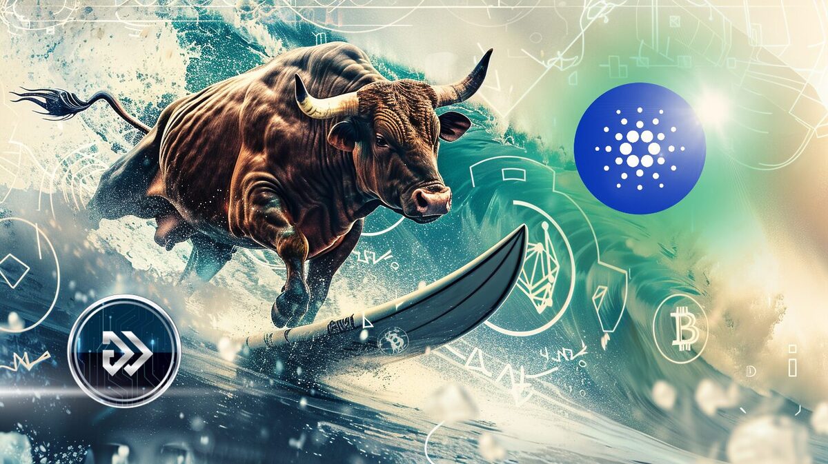 Bull surfing surrounded by crypto tokens.