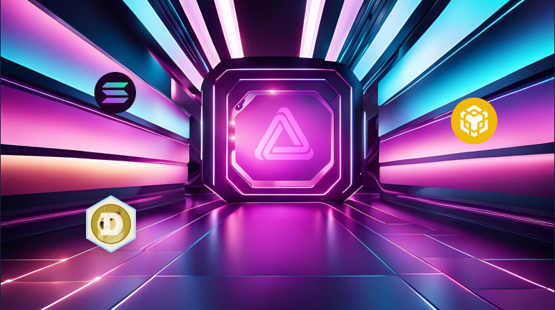 Crypto coins floating around in an empty neon colored room.
