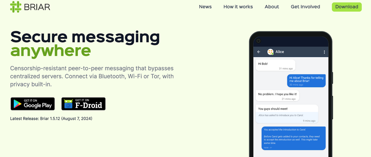 Briar website homepage with the slogan "Secure messaging anywhere" to the left and a phone with an ongoing Briar text chat on the right.