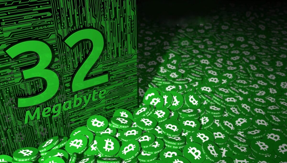 A large green block with the word "32 Megabyte" on the front, surrounded by a flood of small green Bitcoin Cash tokens.