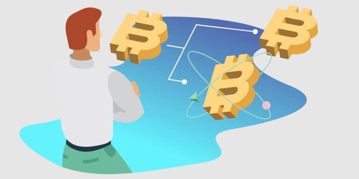 Man looking at a Bitcoin symbol splitting in two, one being Bitcoin Cash.