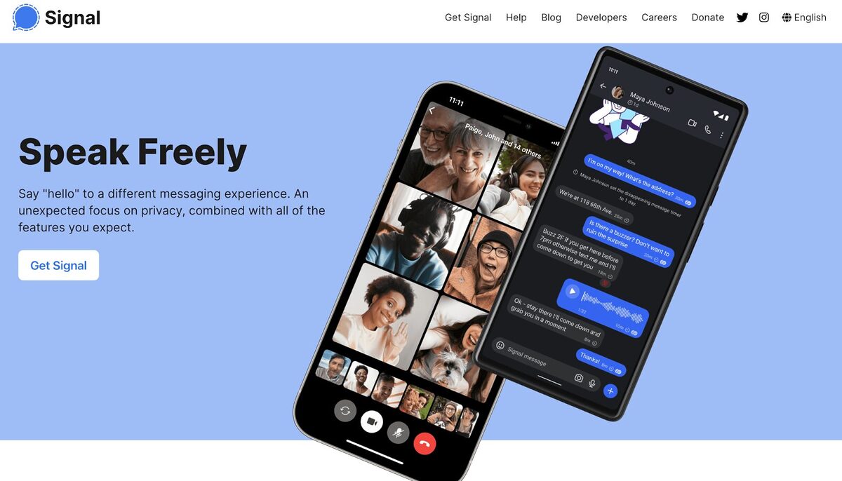 Signal main screen with the tagline 'Speak Freely' and two phones, one on a video call, the other on a text conversation.