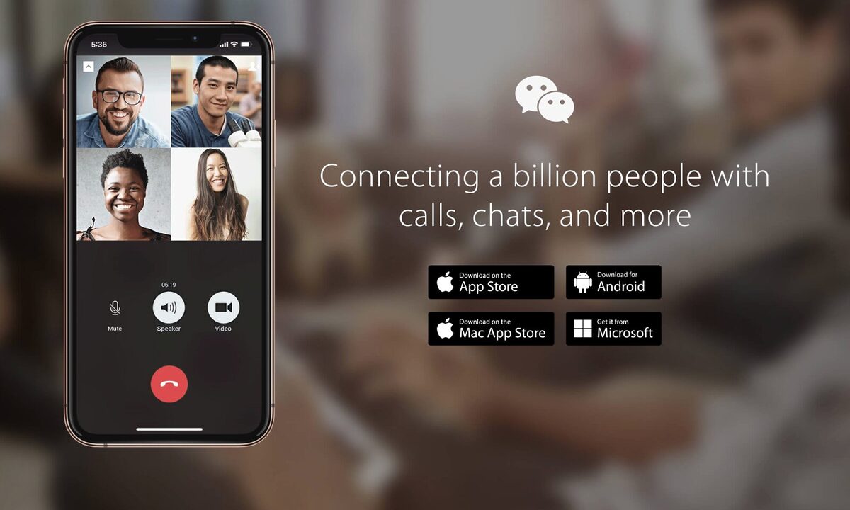 WeChat main interface showing four friends on a phone screen chatting and the tagline "Connect a billion people with calls, chats, and more" to the right.