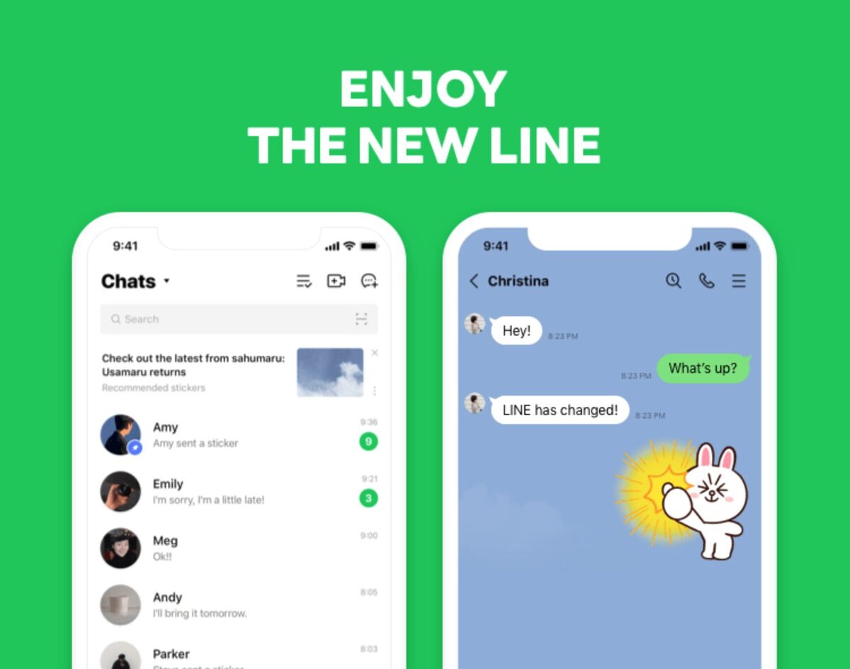 "Enjoy the New Line" slogan at the top and two phone screens below, one showing a person's contacts, the other showing a text conversation between two people.