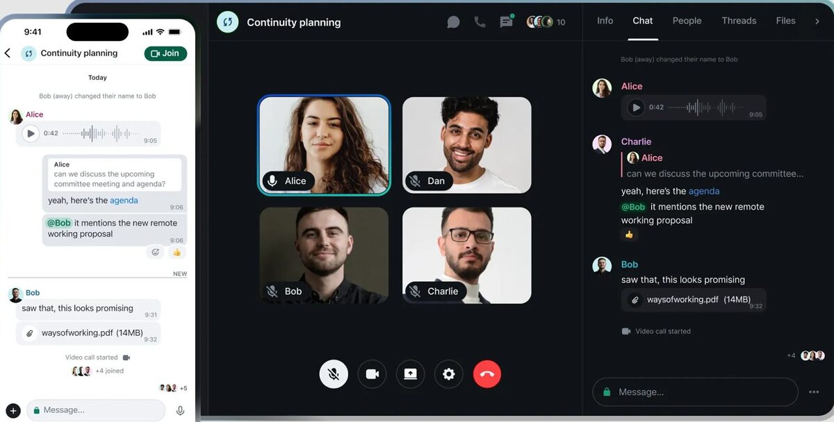 A screen split into three. On the left is an audio and text conversation between two people, in the centre is four friends talking over video, and on the right is a text and audio chat between multiple people.