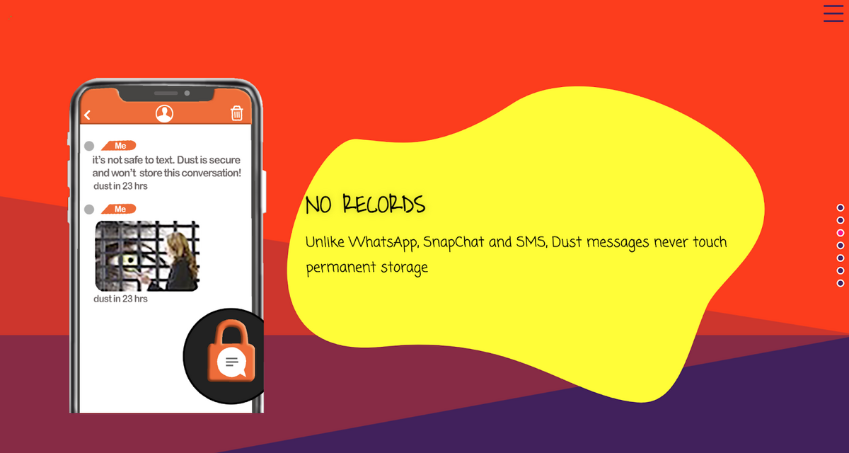 Dust website homepage. A phone to the left shows an ongoing conversation with a message set to be deleted in 23 hours. A yellow blob to the right states that Dust never touches its users permanent storage.