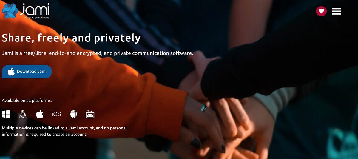 The Jami website homepage. Four hands together in a circle with the slogan "Share, freely and privately" above and a selection of platform symbols at the bottom including Windows, Linux, Apple and Android.