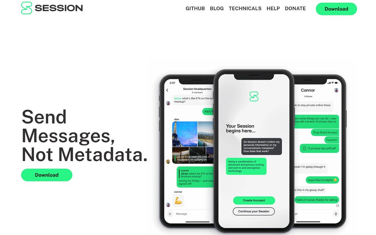 The Session website homepage. The slogan "Send Messages, Not Metadata" on the left of the screen and three phones running on the Session app to the right.