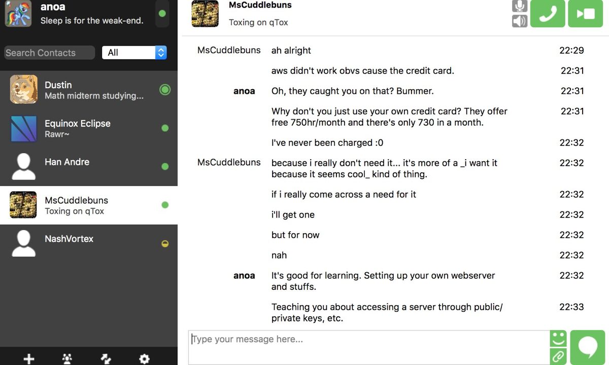 The TOX main dashboard with a list of contracts on the left and a chat room in the centre with timestamps on the left-hand side.