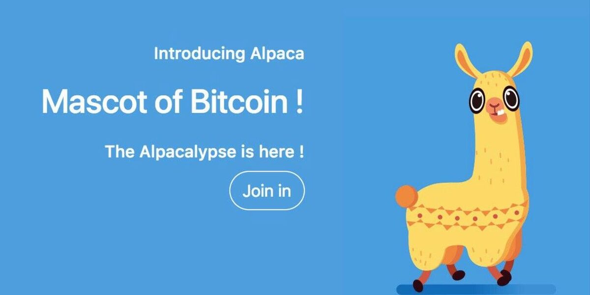 A silly looking yellow alpaca with a caption to the left that says "Introducing Bitcoin, Mascot of Bitcoin, the alpacalypse is here".