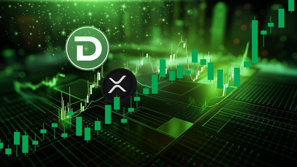 Crypto tokens floating above p0rice chart.