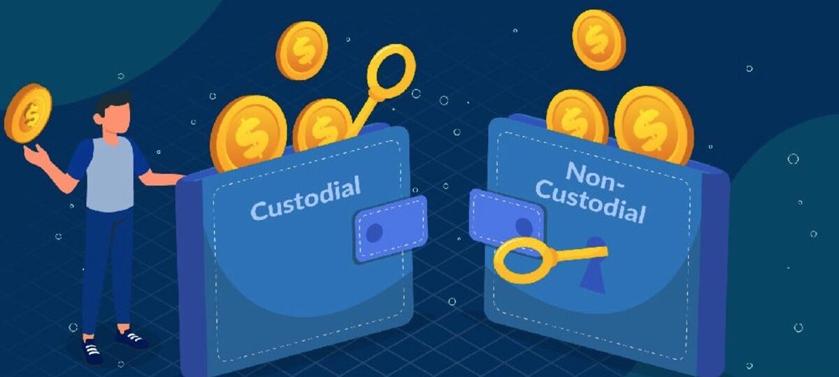 Custodial and non-custodial wallet side by side. The custodial wallet has the coins and key inside the wallet, while non-custodial has coins, but the key is unlocking it from the outside.