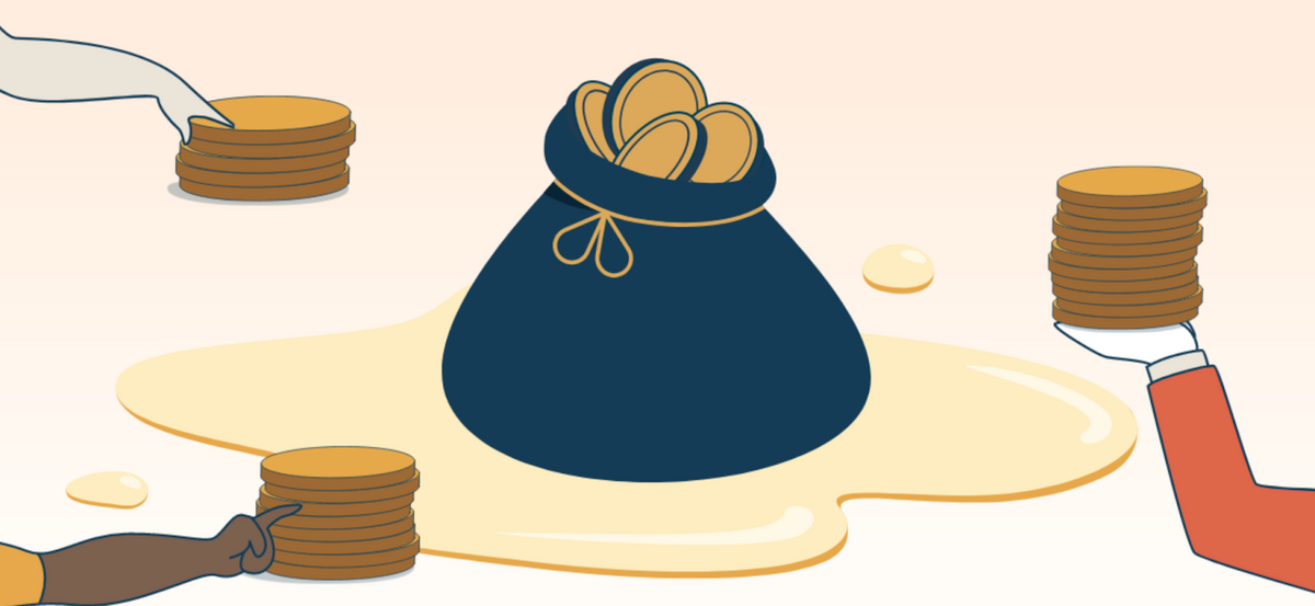 Three hands holding tokens that are being placed into a blue bag. The bag is resting on a pool of gold liquid and is overfilled with tokens.
