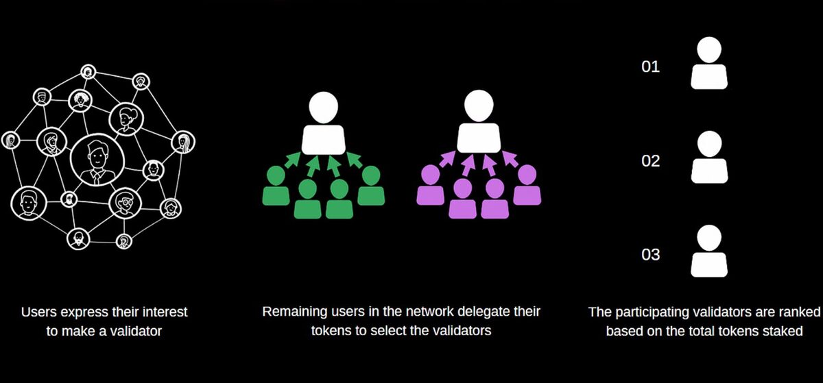 Visualisation of the delegated proof of stake process. It starts with a graph showing users expressing interest in being a validator. the second step is network users delegating tokens to select validators. Finally validators are ranked on how many tokens were staked on them.