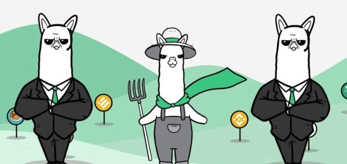 Three cartoon alpacas standing in a field with crypto tokens in the background. The alpaca in the middle is a farmer, while the other two to the left and right are dressed like FBI members.