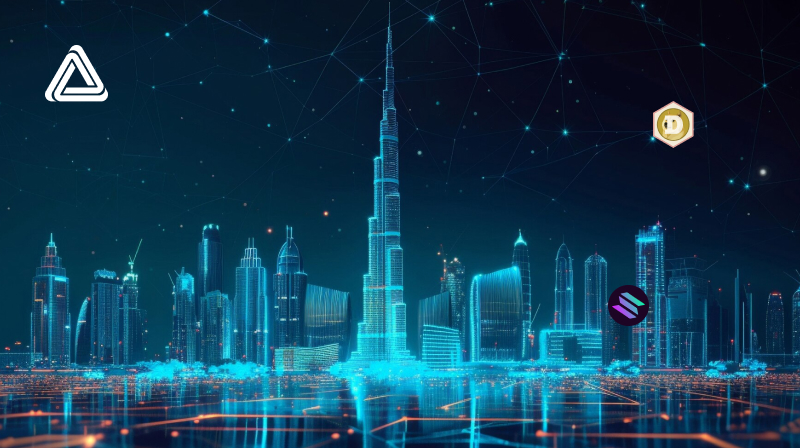 Crypto coins floating at digital Dubai.