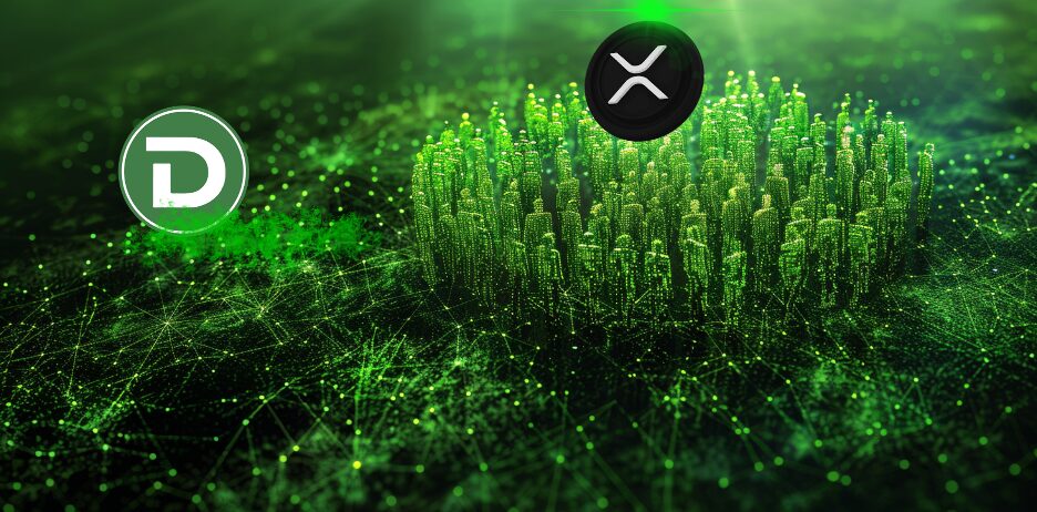 DTX and XRP tokens floating in digital space.