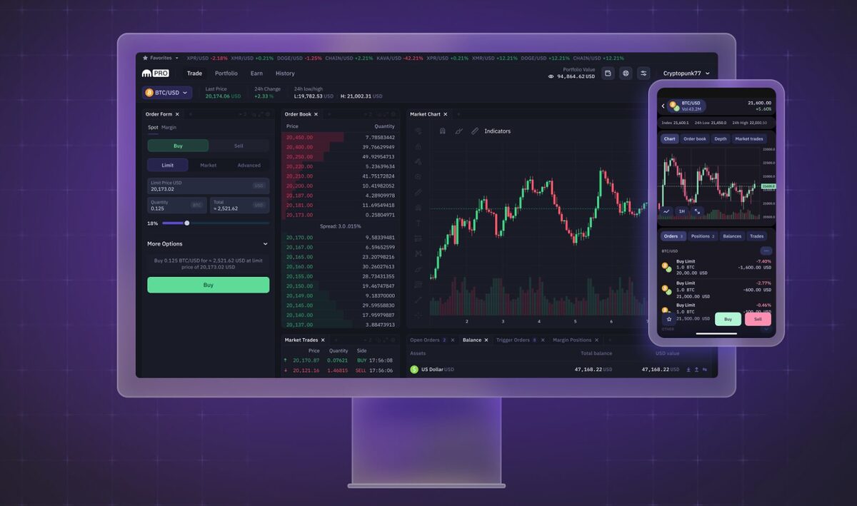 A monitor and phone screen showing market screens of an exchange with a purple background.