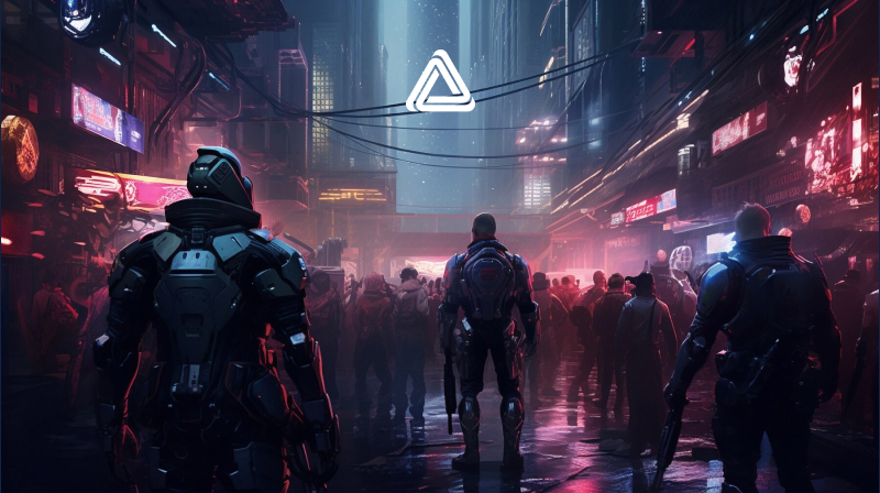 Robots and cyborgs walking towards ETFSwap logo.