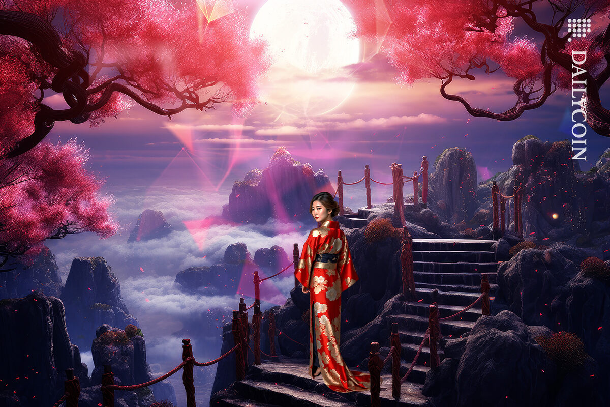 A Japanese lady watching the moon beam with Defi particles.