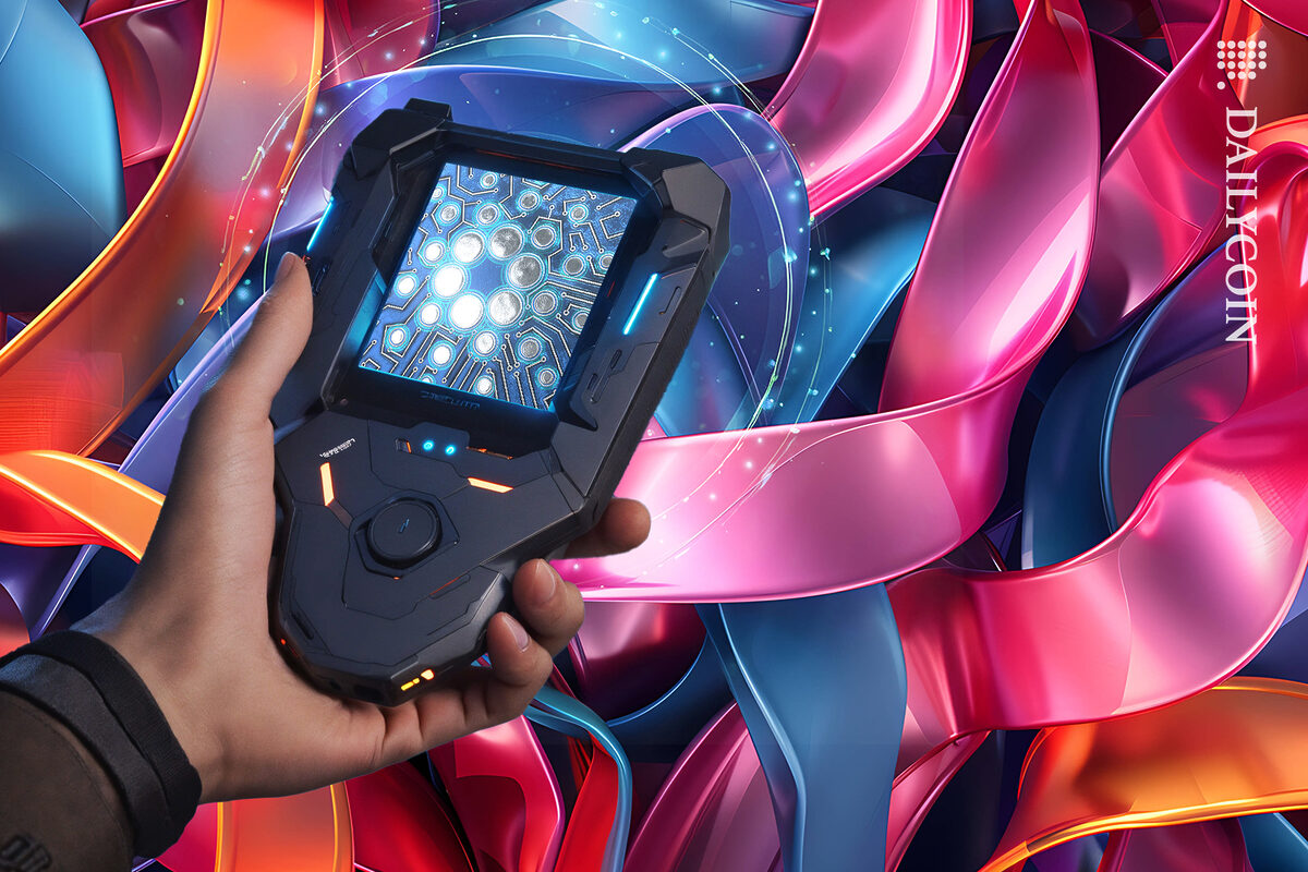 Hand holding a futuristic Cardano wallet next to digital ribbons.