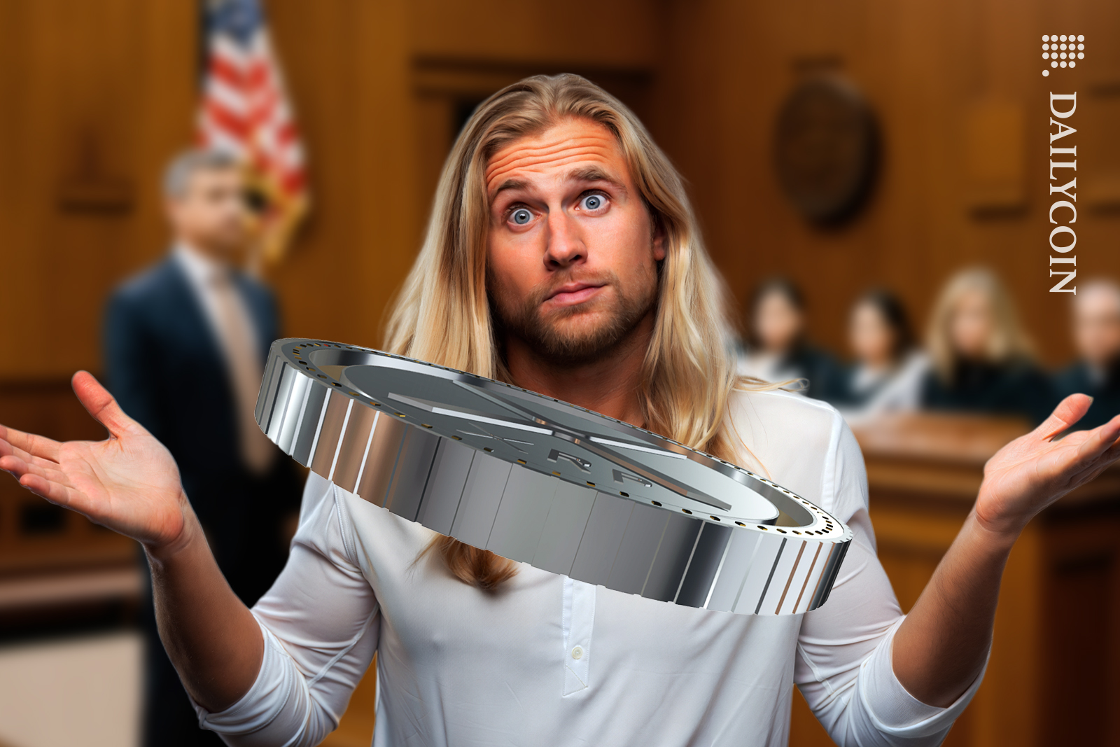Man in court looking at XRP coin.