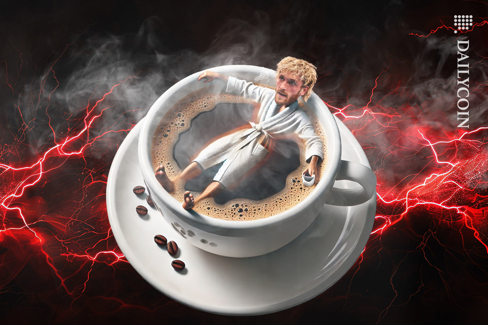 Logan Paul laying in a hot coffee cup with a robe.