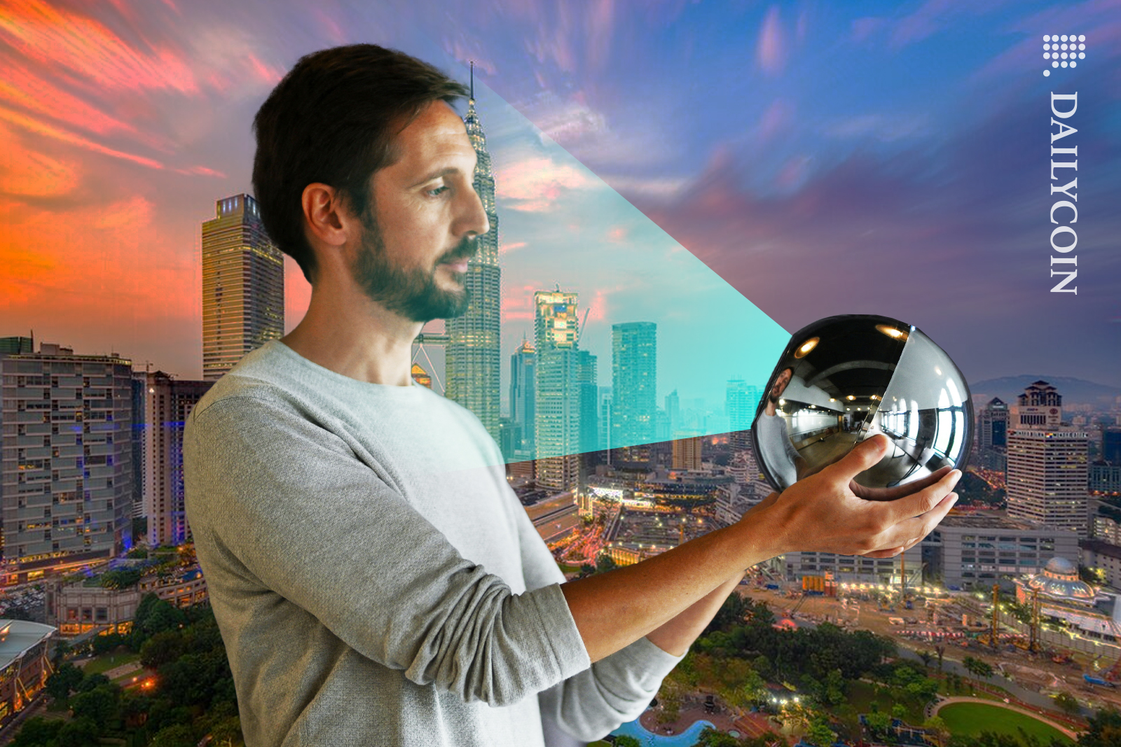 Man holding Worldcoins orb in Malaysia.