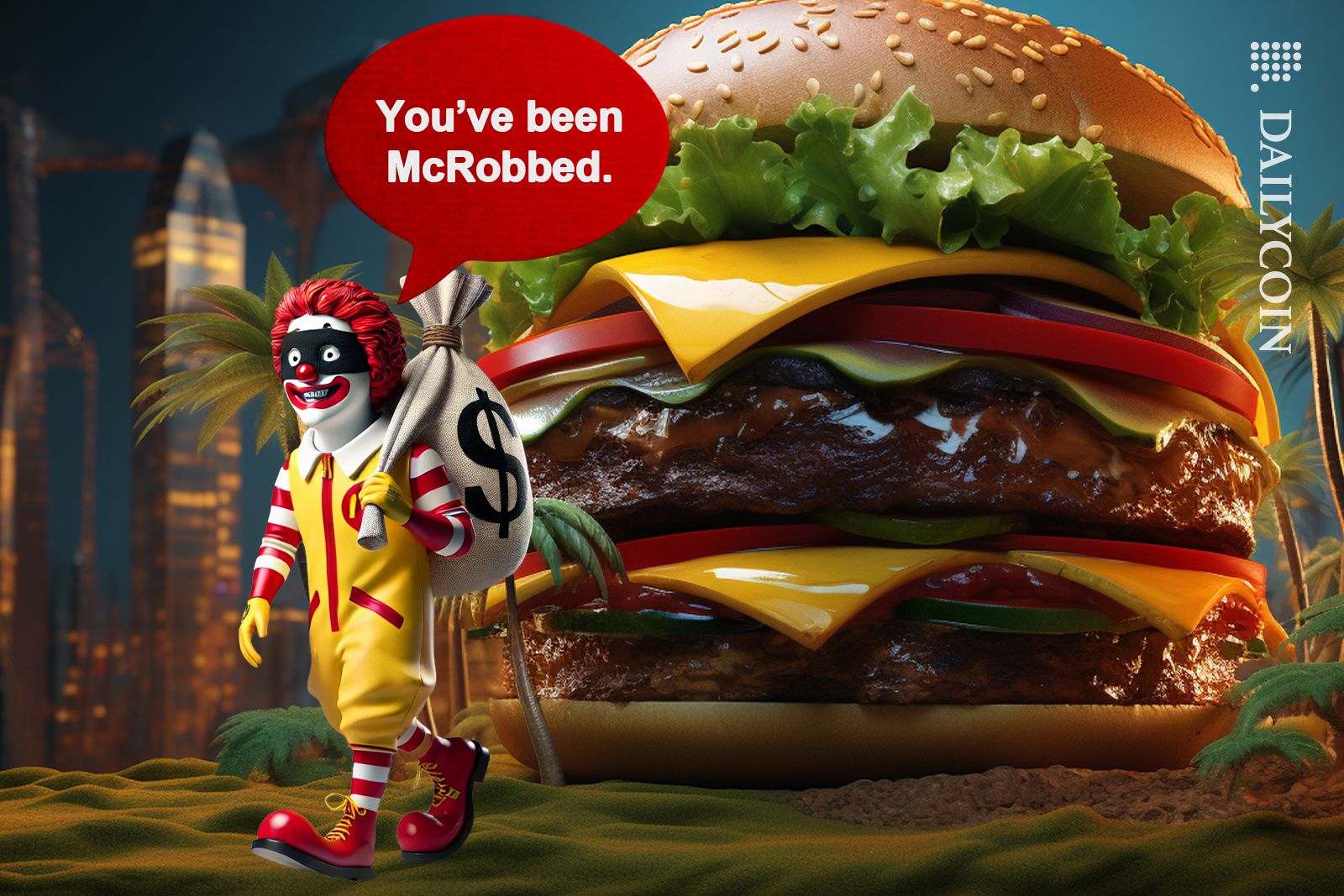 Criminal dressed as Mcdonald's Ronald Mcdonald saying ''you've been mcrobbed'' walking away from a huge burger in the city with a big money bag.