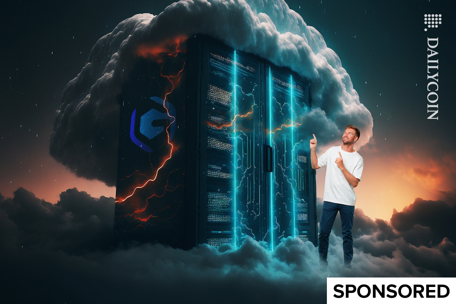 Guy pointing to a mining machine on clouds.