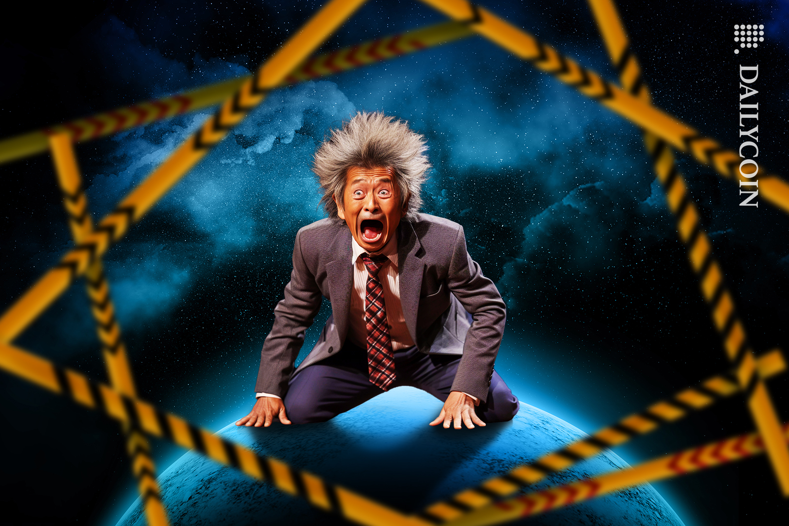 Man on top of the world screaming seeing no entry tape.