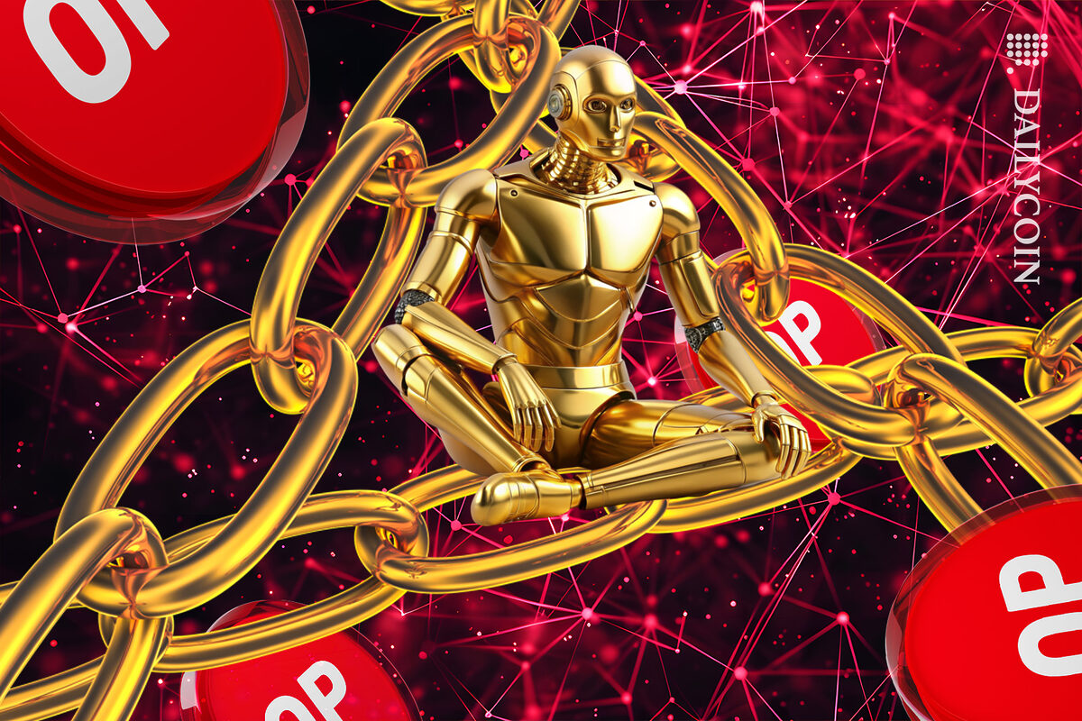 Robot sitting on gold digital chains in Optimism space.