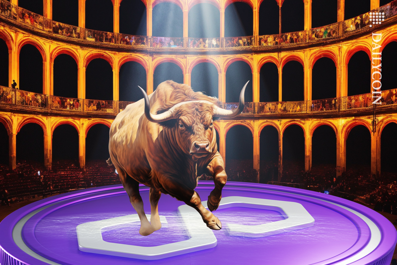 Bull in the spotlight running on a polygon MATIC coin.