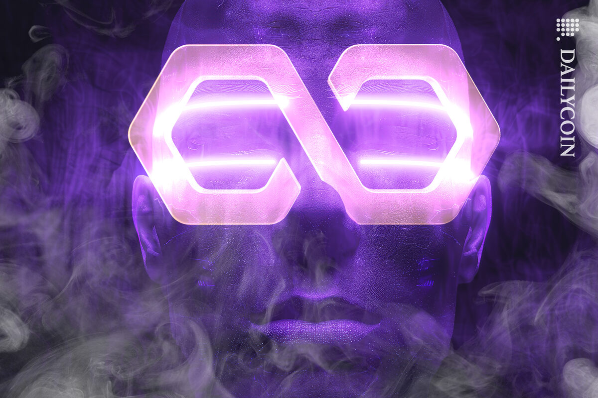 Mysterious face with glowing polygon MATIC glasses and smoke surrounding it.