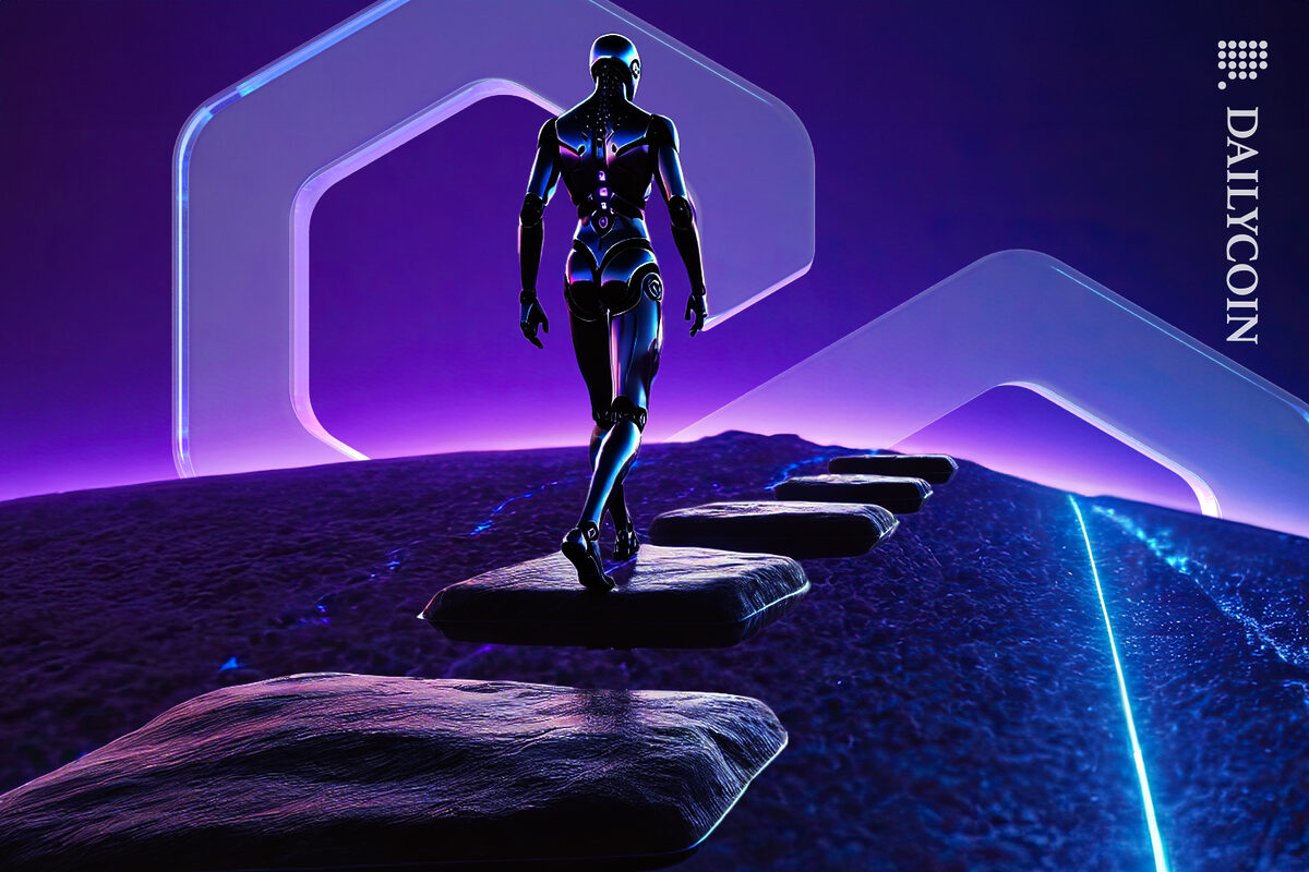 Robot walking on steeping stones towards polygon MATIC.