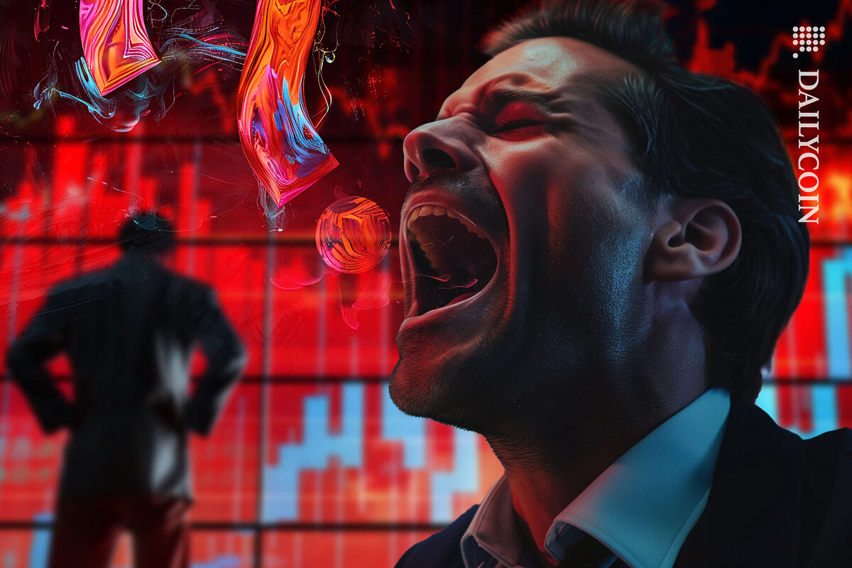 Guy screaming questions in despair as the crypto screens turn red.