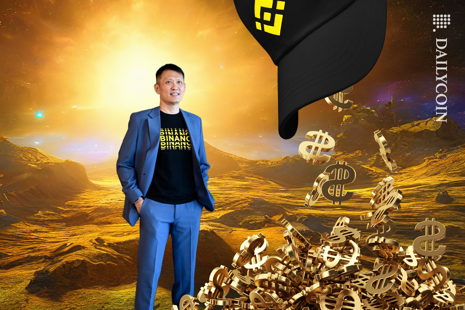 Richard Teng CEO of Binance looking at the hat which collected a lot of dollars.