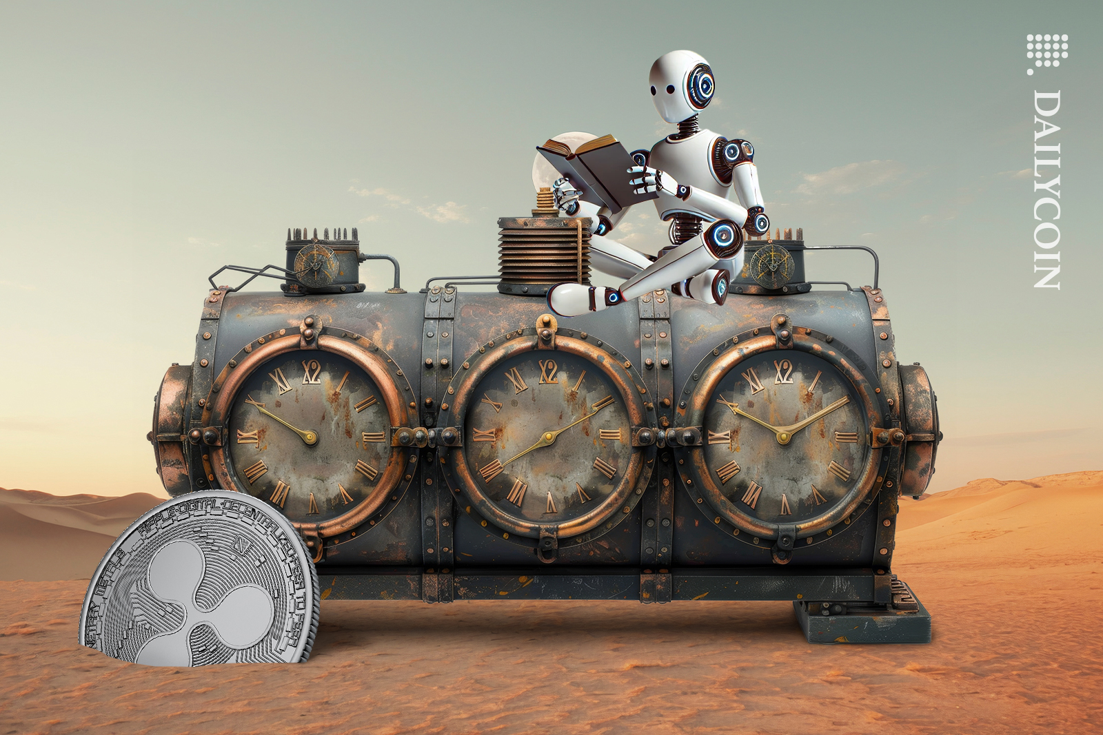 Robot sitting on top of a time machine in the desert, reading. Next to him a sunken Ripple coin.