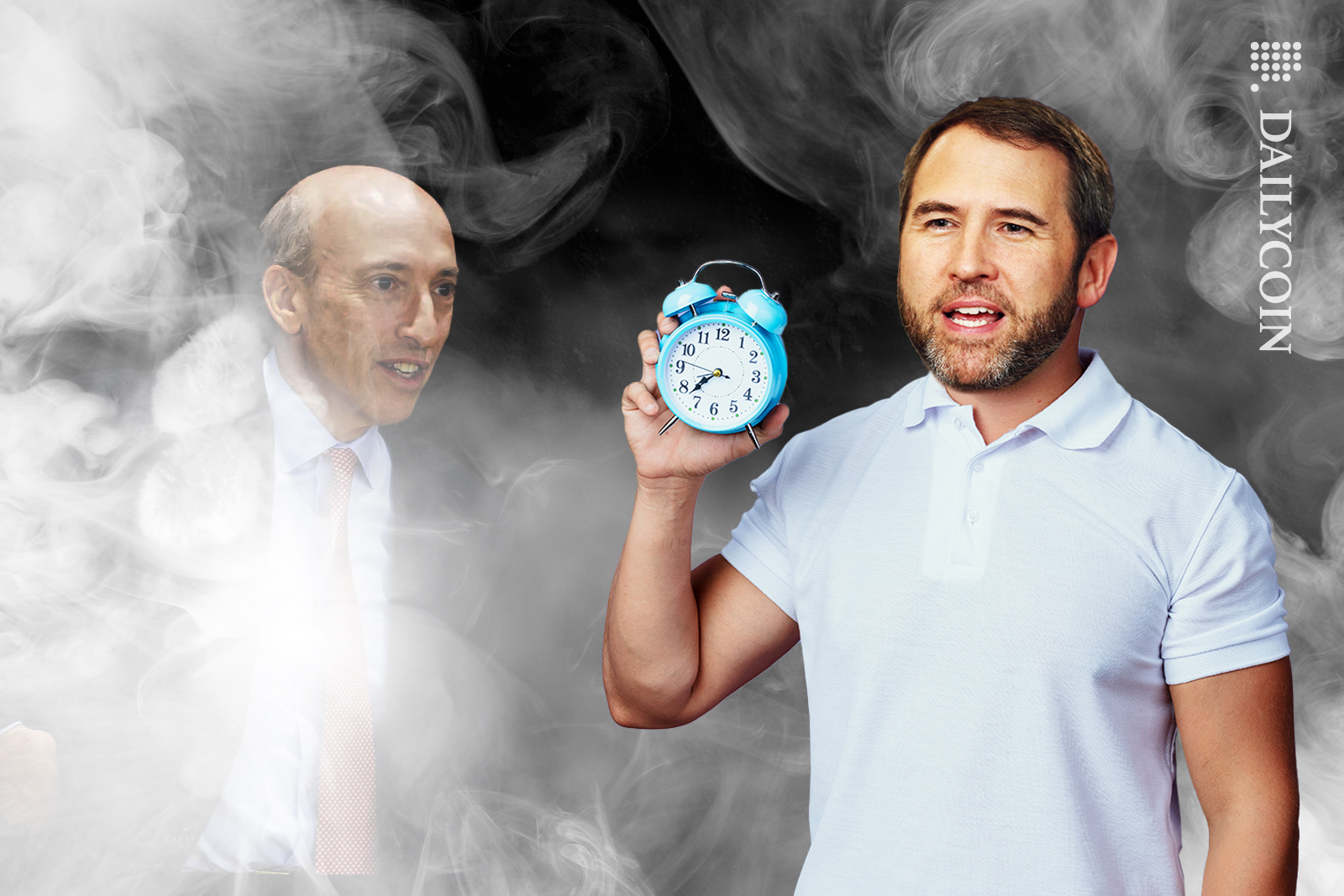 Brad Garlinghouse holding an alarm clock, as Gary Gensler is hiding in the smoke.