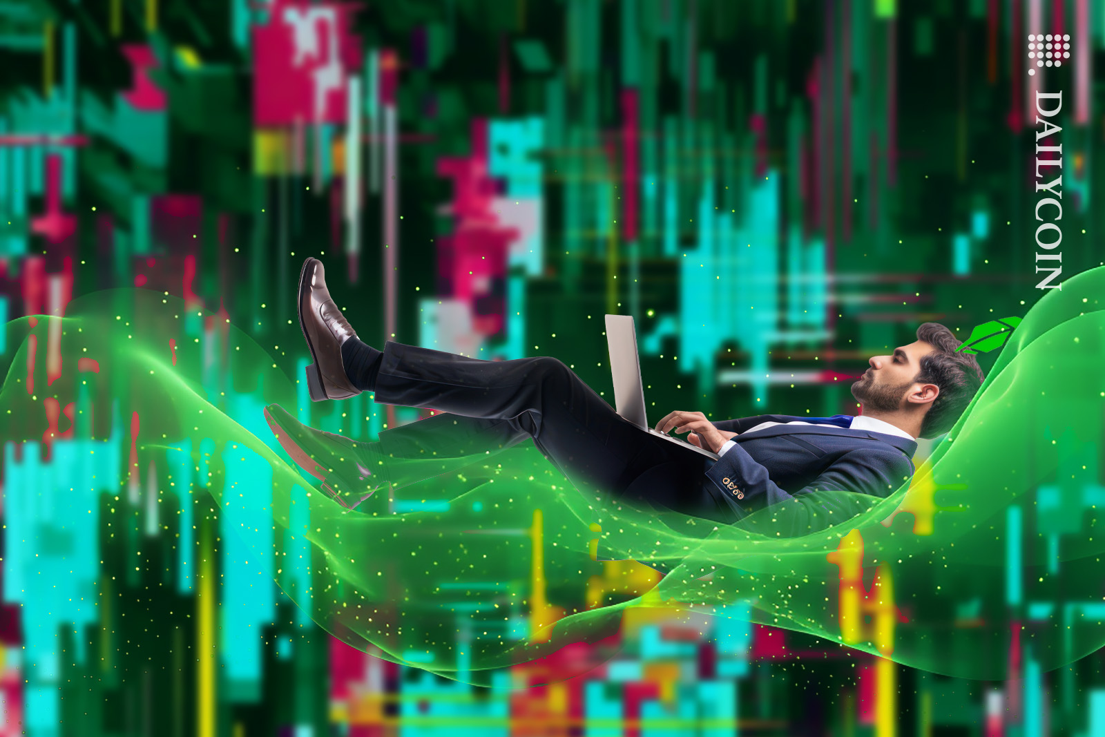 Guy sitting on a digital wave in glitched space with a Robinhood feather in his hair.