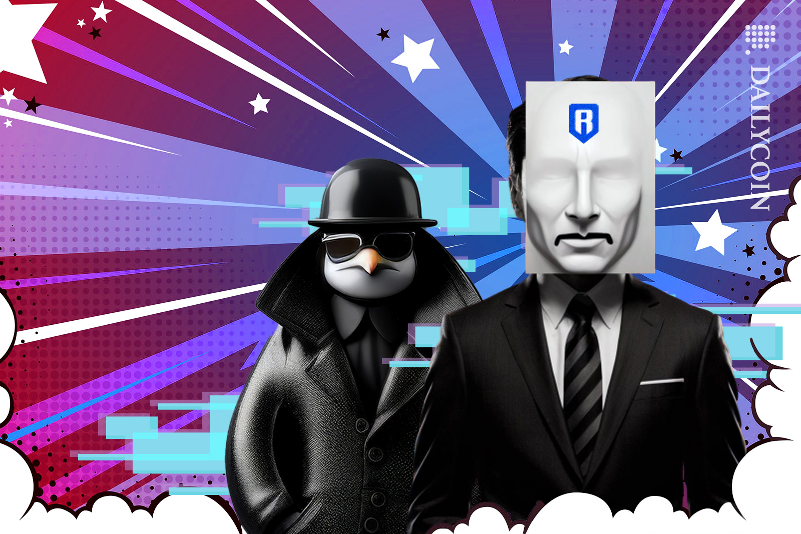 Two villains one with Ronin's face card in a hacking comic scene.