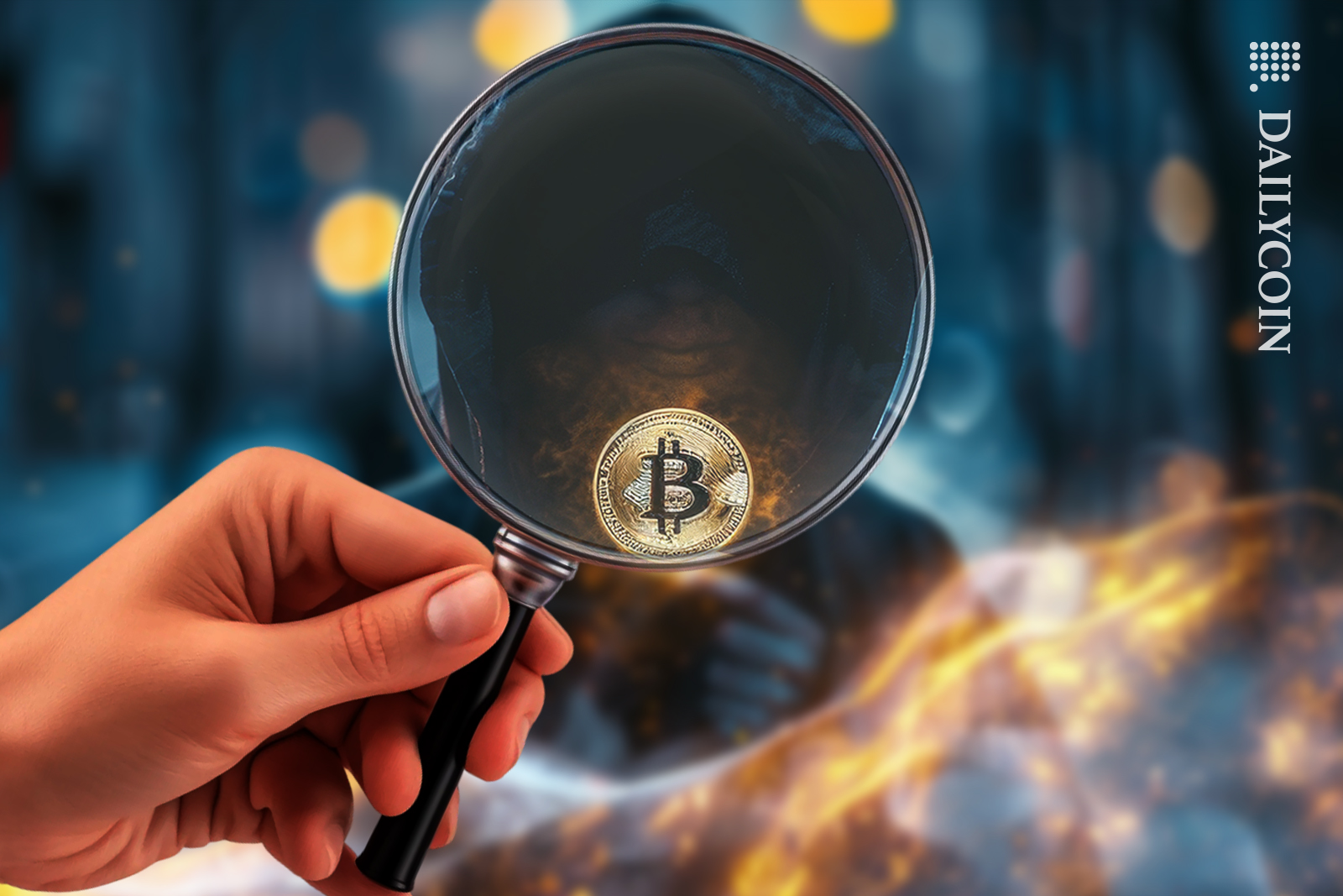 Hand with a magnifying glass up close to a mysterious person holding a bitcoin.