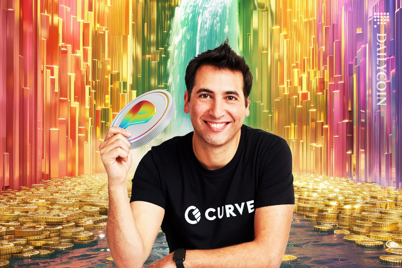 Shachar Bialick holding up a curve token in his curve DAO rainbow coloured vault.