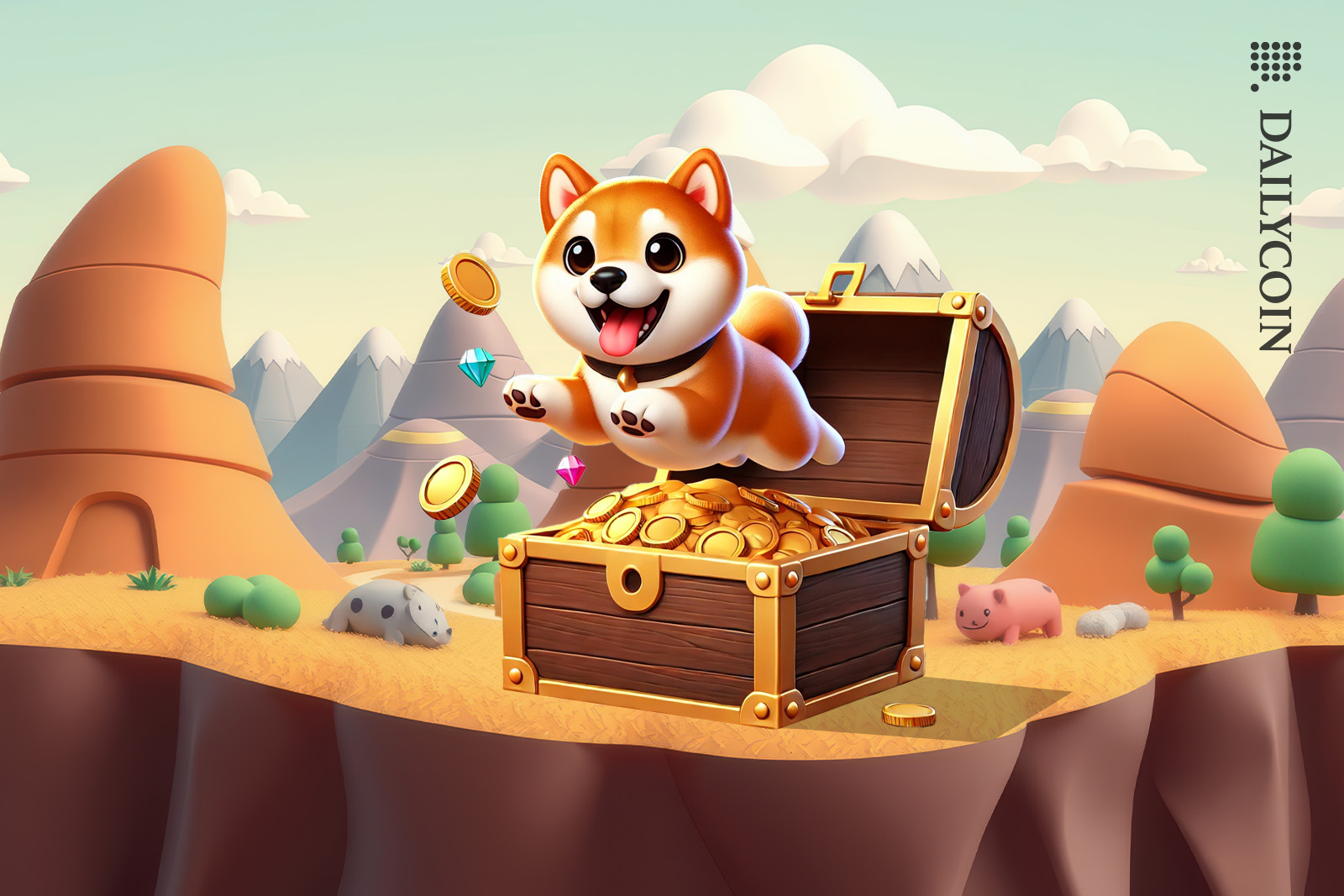Shiba Inu jumping out of a treasure box on a game fantasy land.