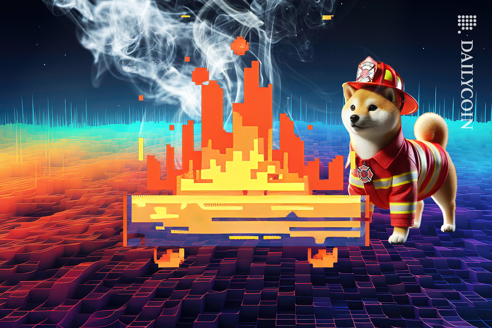 Shiba Inu in a firefighter costume watching over his fire place on a digital land.