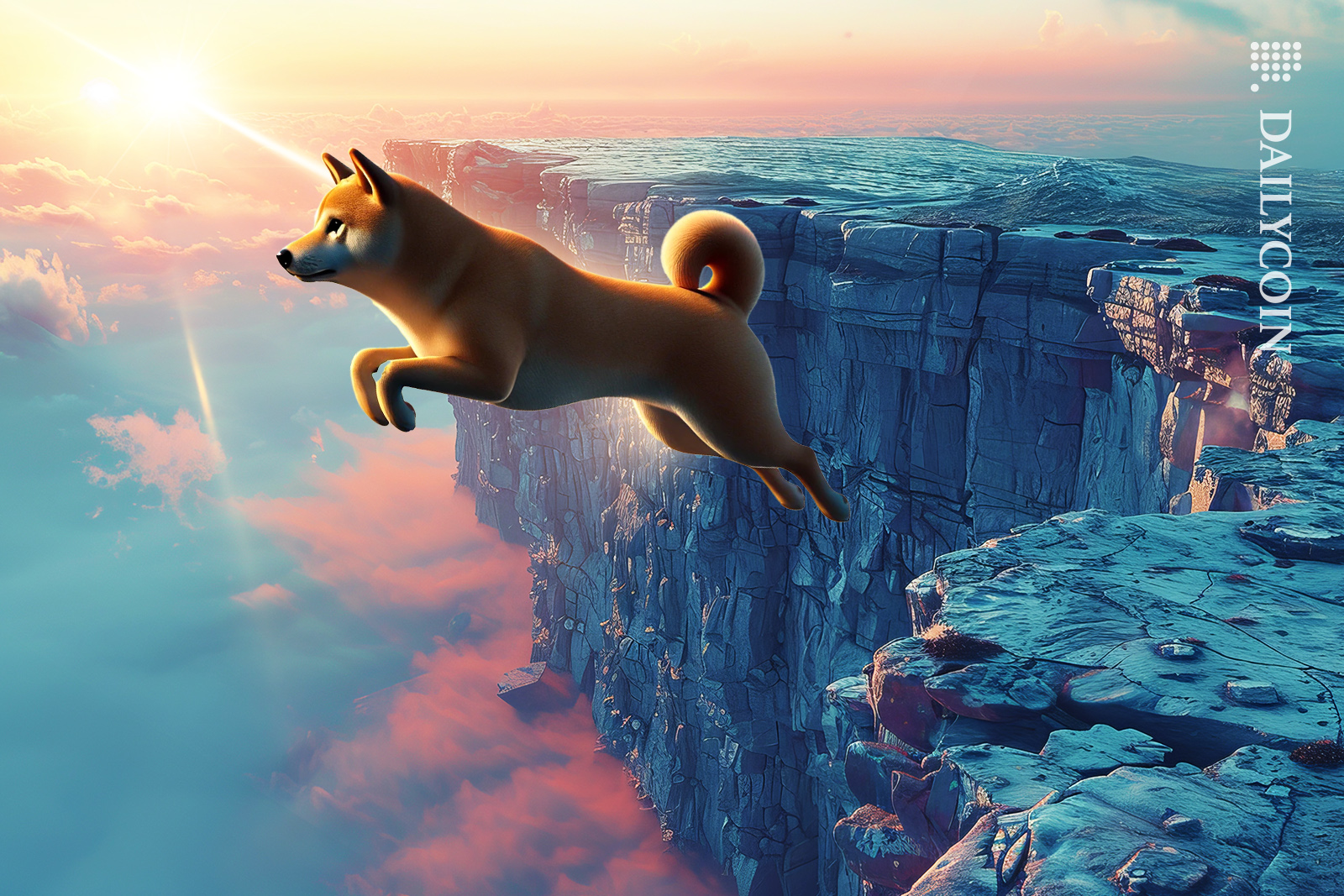 Shiba inu jumping off a cliff.