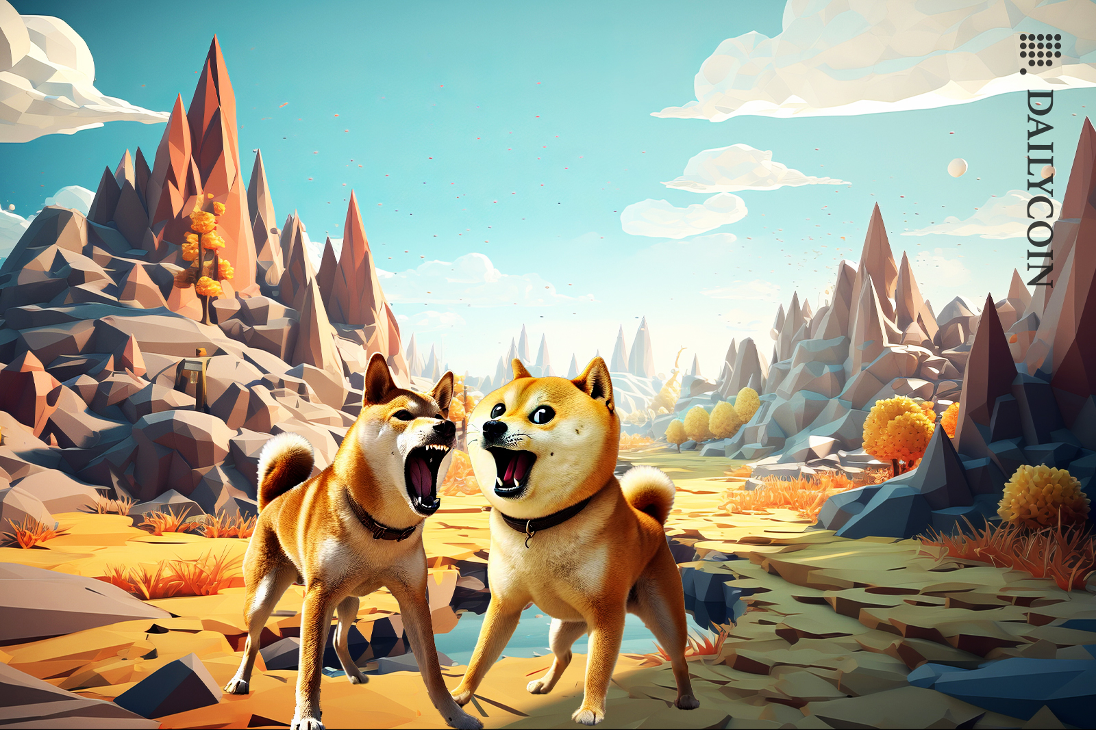 Doge and Shiba Inu barking it out on a game like land.