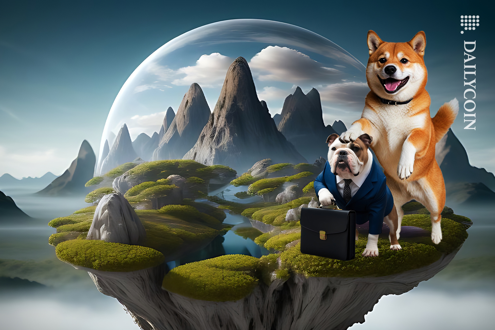 Shiba inu tapping his business friend on the head on a brand new land.