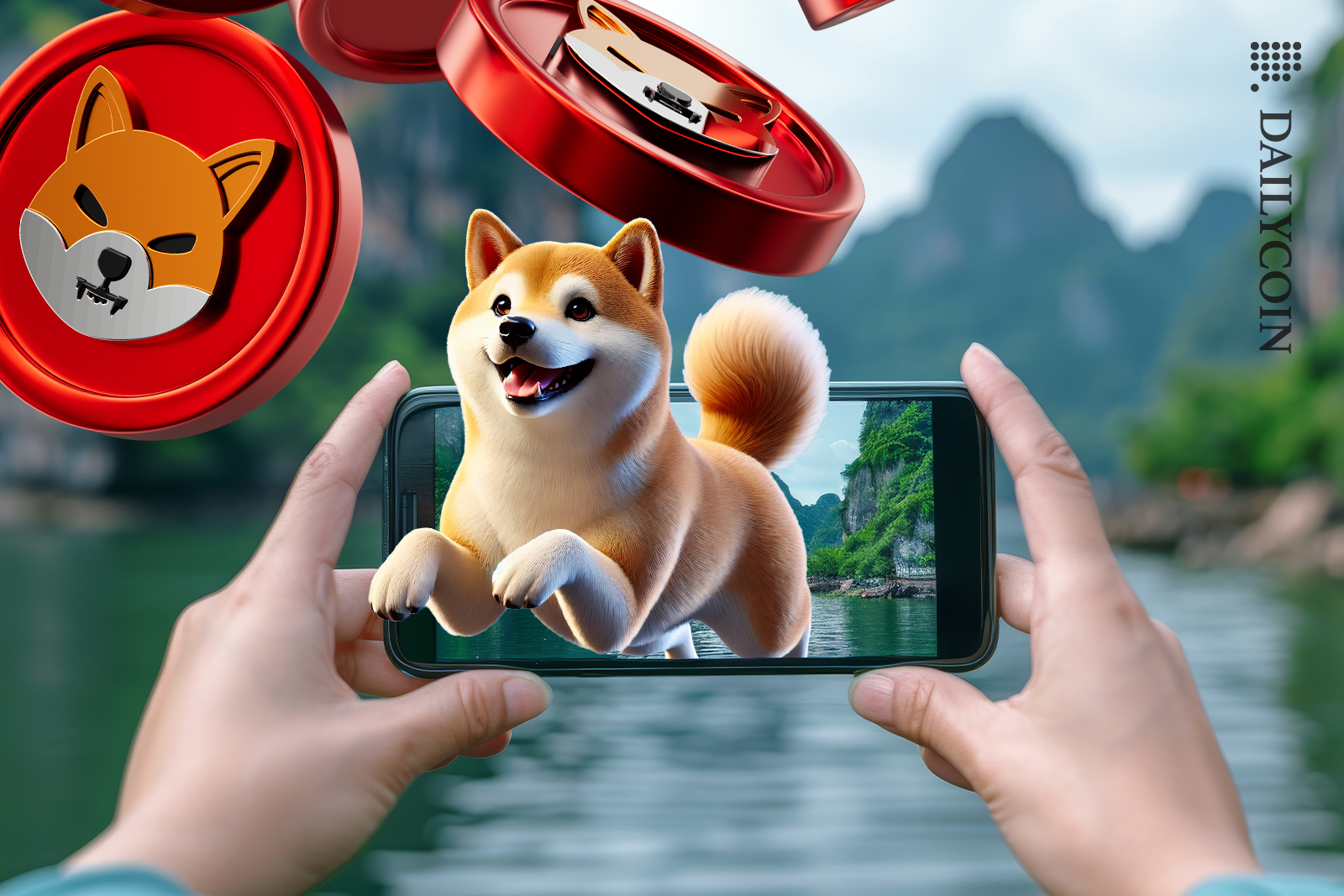 Shiba inu jumping off of a persons mobile phone with shib coins in Thailand.