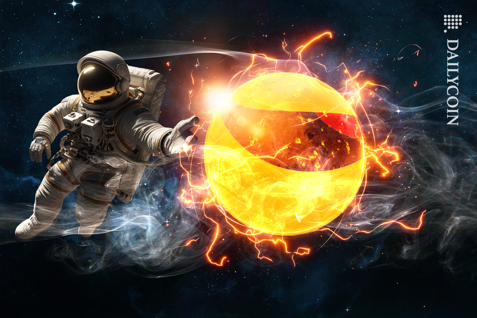 Terra Luna on fire and releasing smoke in space.